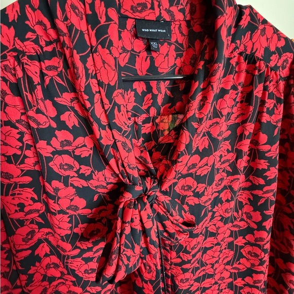 Who What Wear Red Poppies Black Tie Long Sleeve Button Up Blouse XXL - Picture 3 of 11